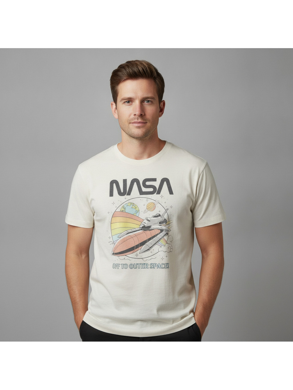 NASA Off To Outer Space Pastel Graphic Tee Cream Size L Vinyl Icons - Picture 8 of 8